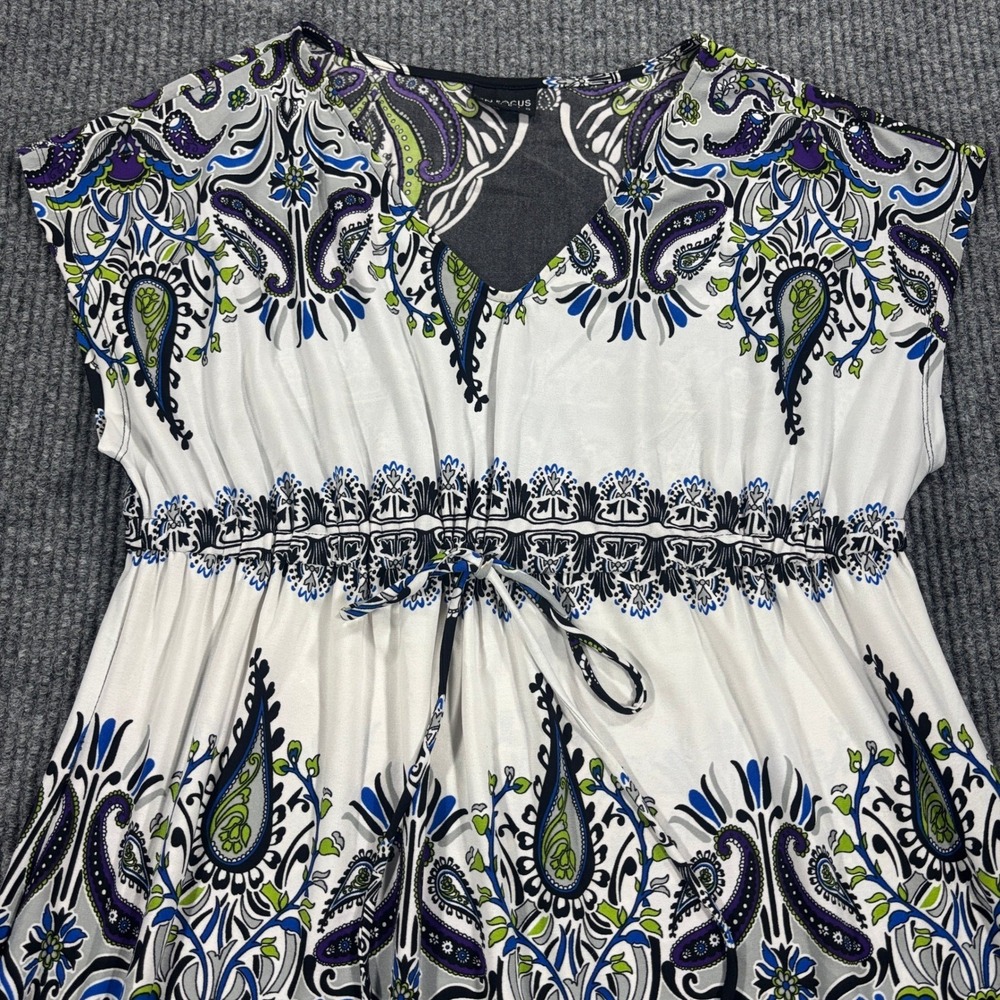 En Focus Studio Paisley Dress Women Medium White Blue V-Neck Drawstring Casual